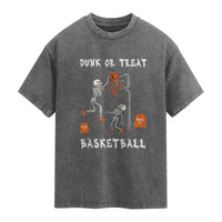 Halloween Skeleton Basketball Washed Cotton T-Shirt Funny Basketballer Sports Player