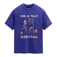 Halloween Skeleton Basketball Washed Cotton T-Shirt Funny Basketballer Sports Player