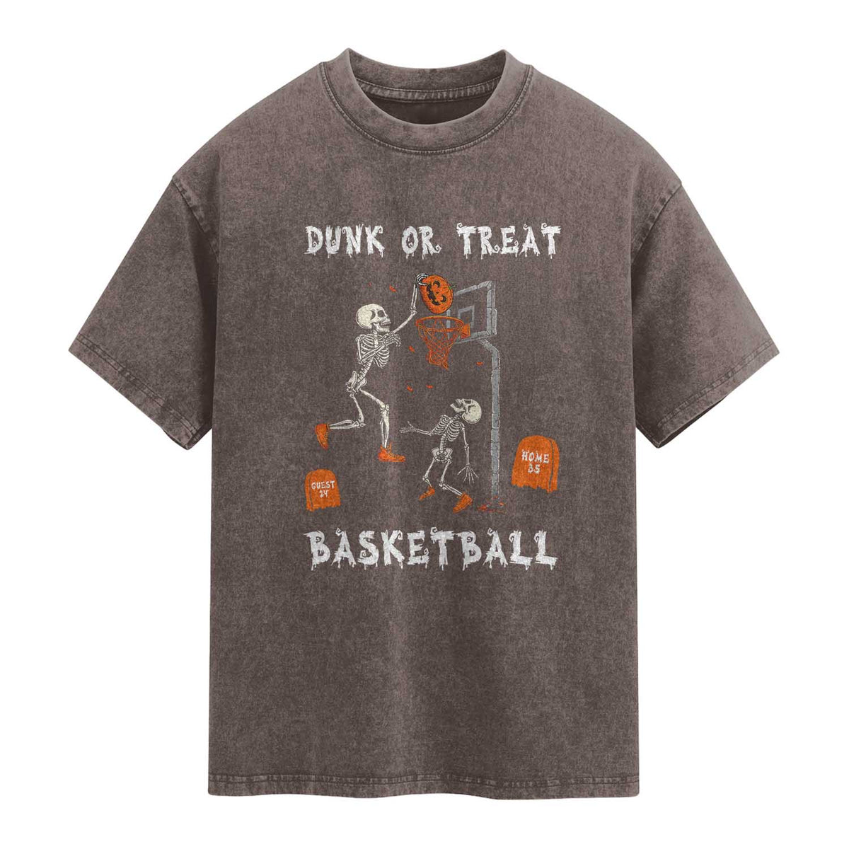 Halloween Skeleton Basketball Washed Cotton T-Shirt Funny Basketballer Sports Player