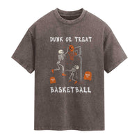 Halloween Skeleton Basketball Washed Cotton T-Shirt Funny Basketballer Sports Player