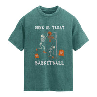 Halloween Skeleton Basketball Washed Cotton T-Shirt Funny Basketballer Sports Player