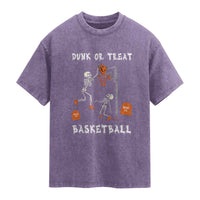 Halloween Skeleton Basketball Washed Cotton T-Shirt Funny Basketballer Sports Player