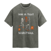 Halloween Skeleton Basketball Washed Cotton T-Shirt Funny Basketballer Sports Player