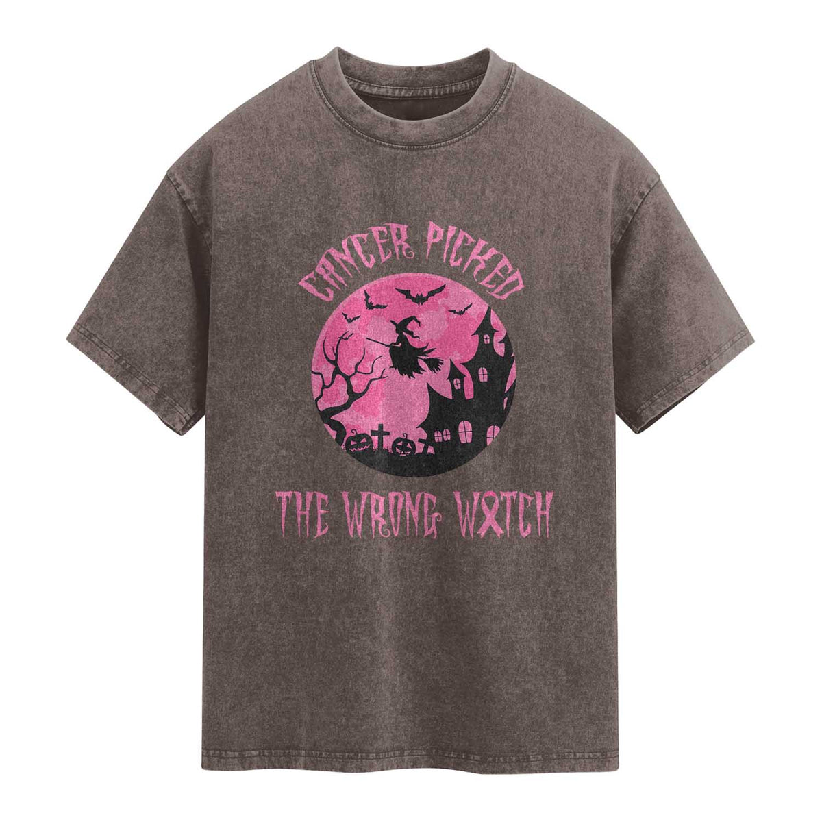 Breast Cancer Halloween Washed Cotton T-Shirt In October We Wear Pink Witch