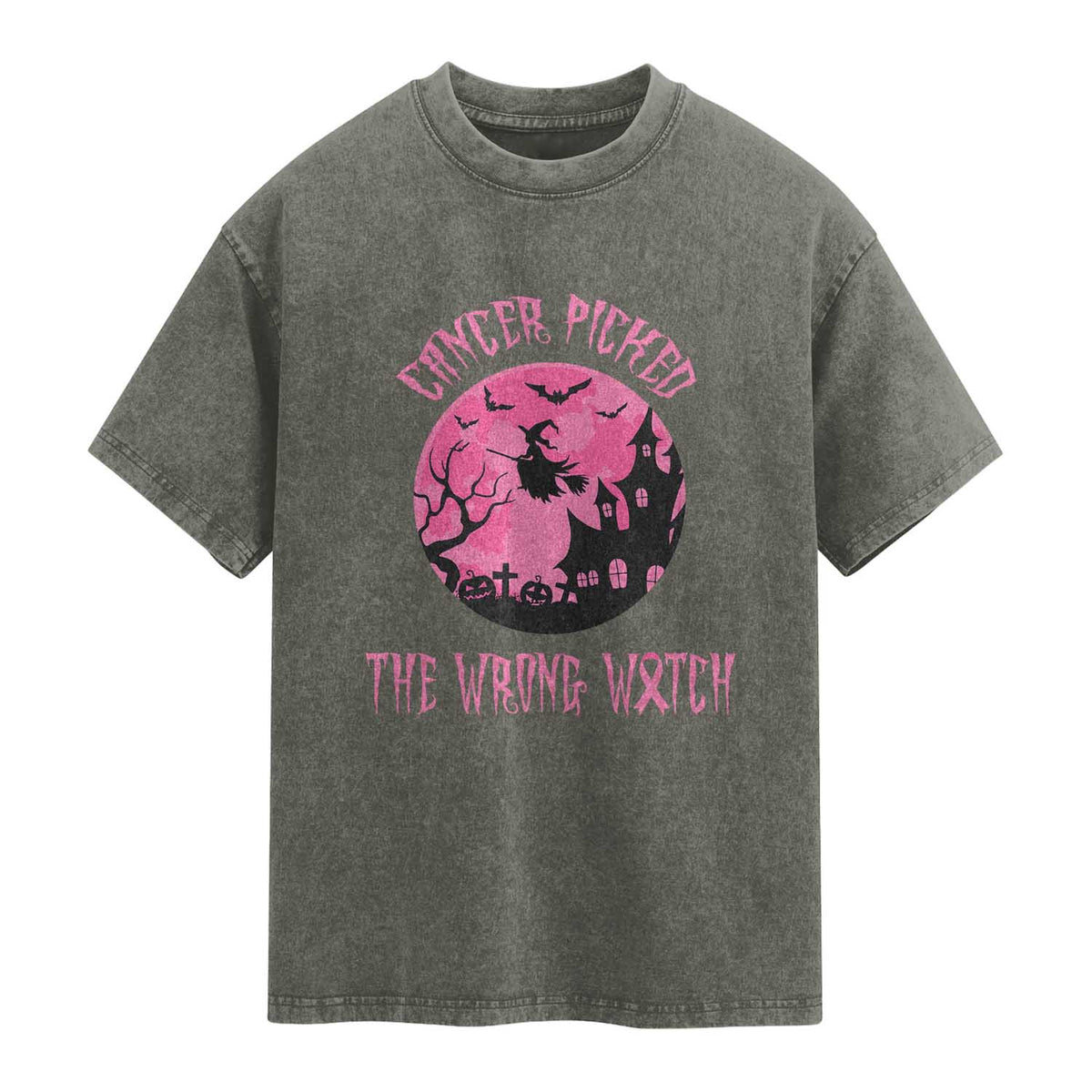 Breast Cancer Halloween Washed Cotton T-Shirt In October We Wear Pink Witch