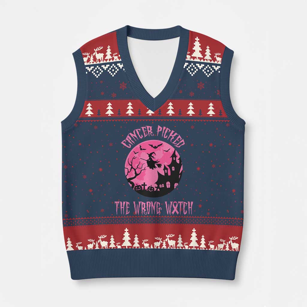 Breast Cancer Halloween V-Neck Knit Sweater Vest In October We Wear Pink Witch - Wonder Print Shop