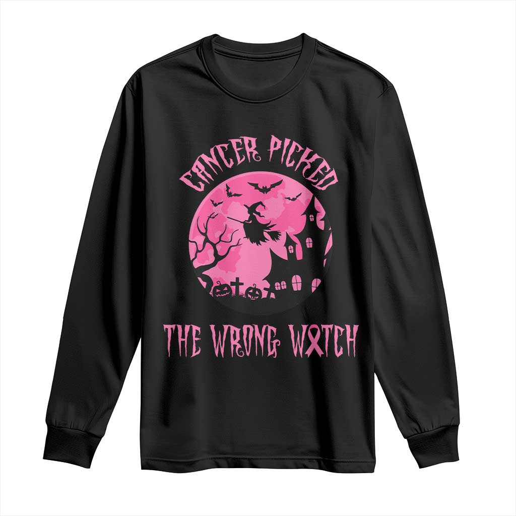 Breast Cancer Halloween Long Sleeve Shirt In October We Wear Pink Witch - Wonder Print Shop