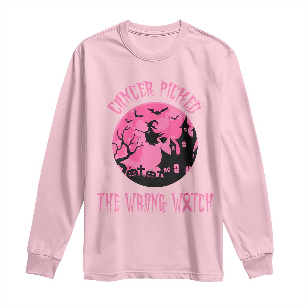 Breast Cancer Halloween Long Sleeve Shirt In October We Wear Pink Witch - Wonder Print Shop