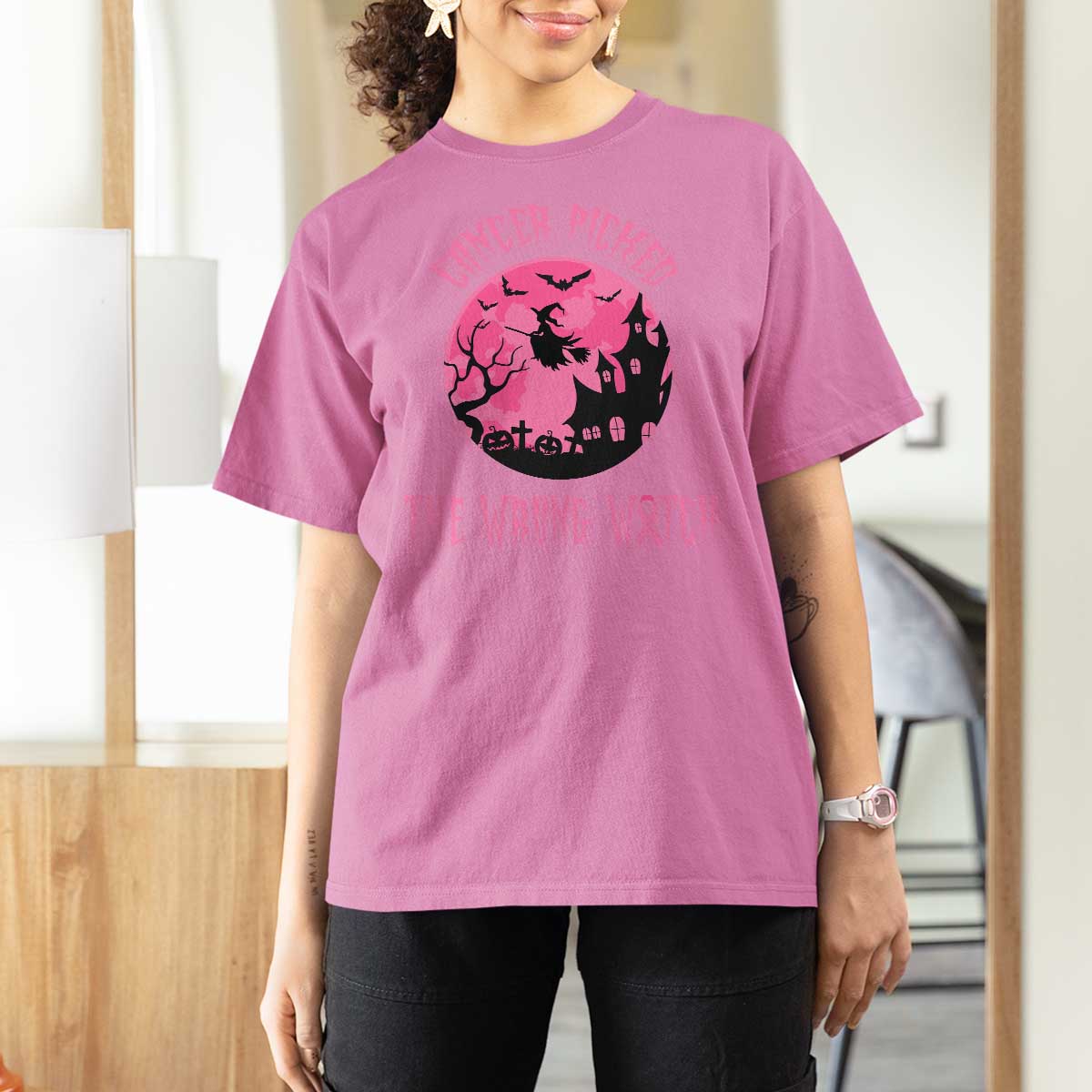 Breast Cancer Halloween T Shirt For Women In October We Wear Pink Witch - Wonder Print Shop