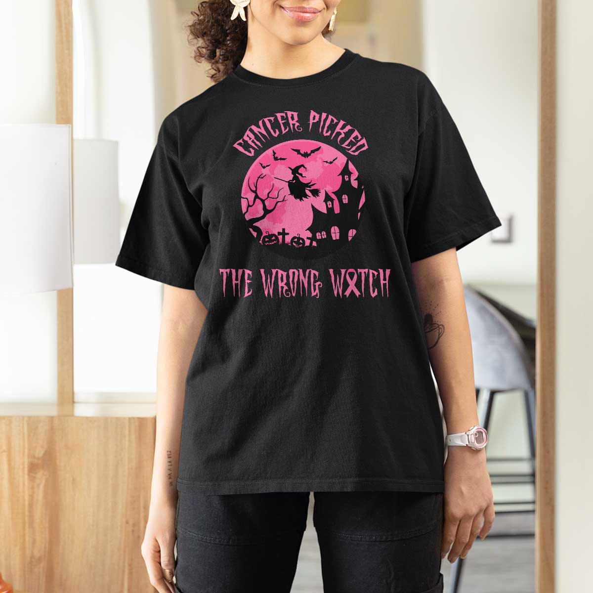 Breast Cancer Halloween T Shirt For Women In October We Wear Pink Witch - Wonder Print Shop