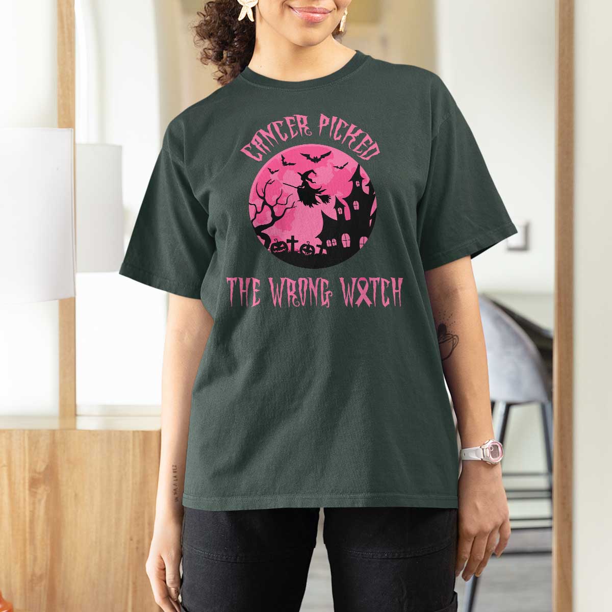 Breast Cancer Halloween T Shirt For Women In October We Wear Pink Witch - Wonder Print Shop