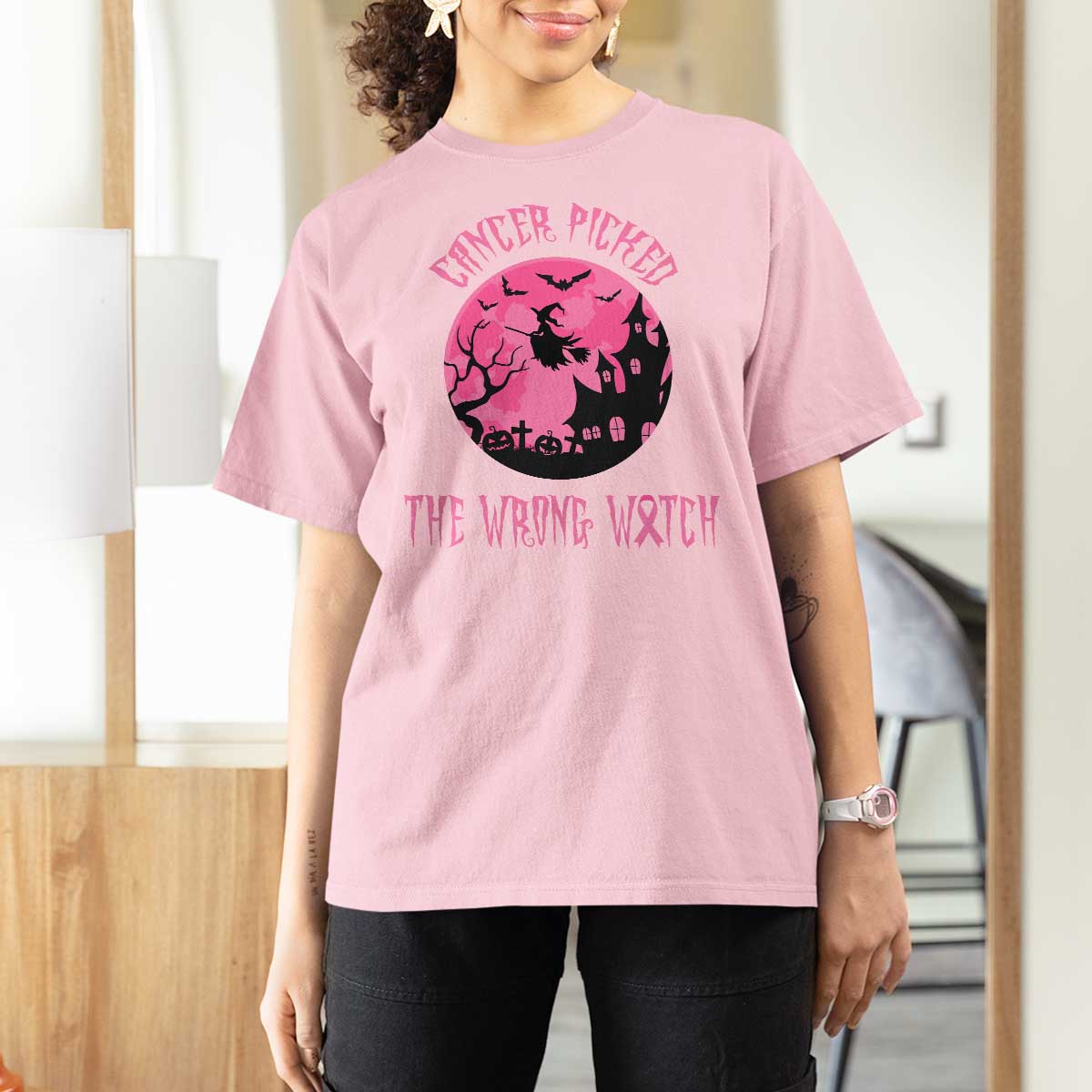 Breast Cancer Halloween T Shirt For Women In October We Wear Pink Witch - Wonder Print Shop