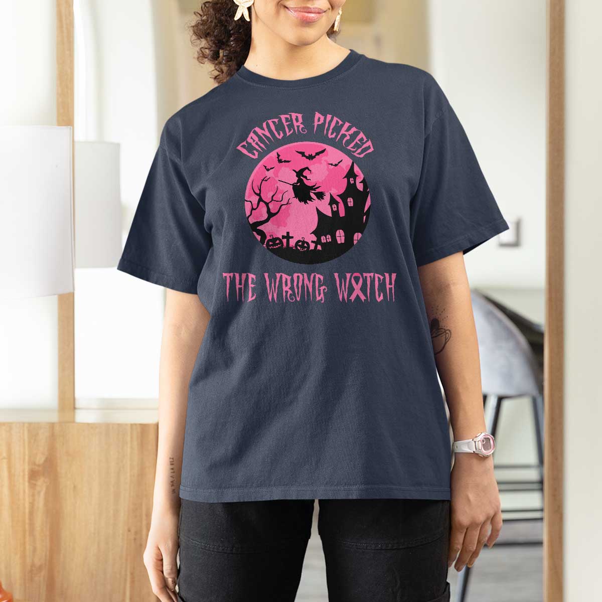 Breast Cancer Halloween T Shirt For Women In October We Wear Pink Witch - Wonder Print Shop