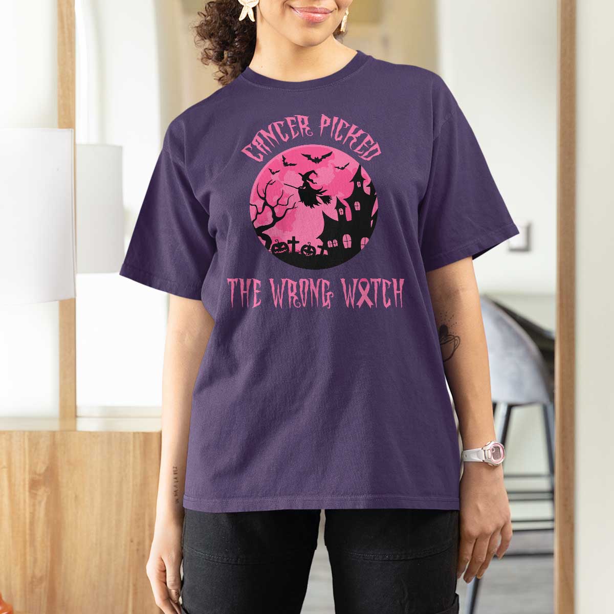 Breast Cancer Halloween T Shirt For Women In October We Wear Pink Witch - Wonder Print Shop