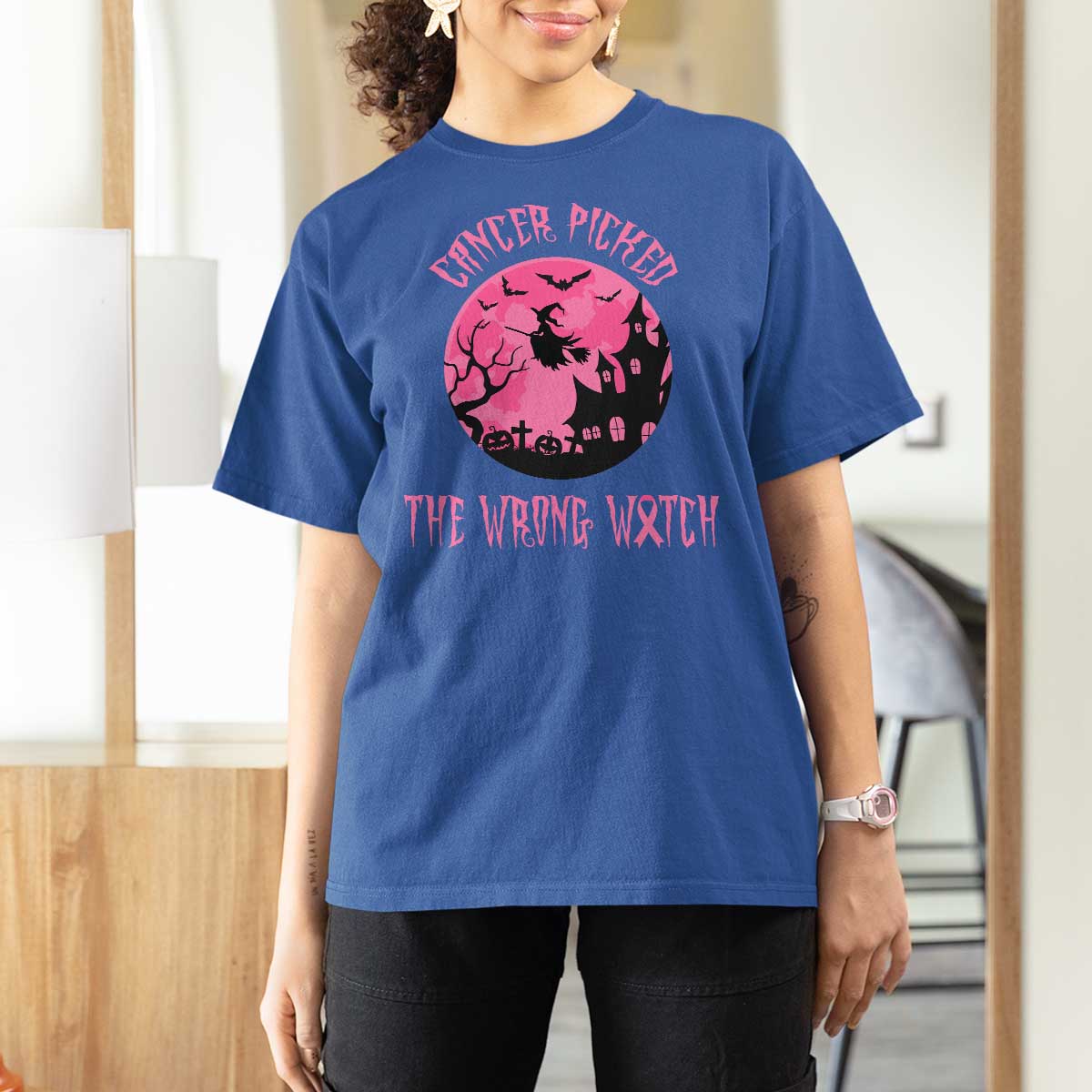 Breast Cancer Halloween T Shirt For Women In October We Wear Pink Witch - Wonder Print Shop
