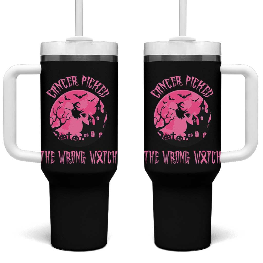 Breast Cancer Halloween Tumbler With Handle In October We Wear Pink Witch - Wonder Print Shop