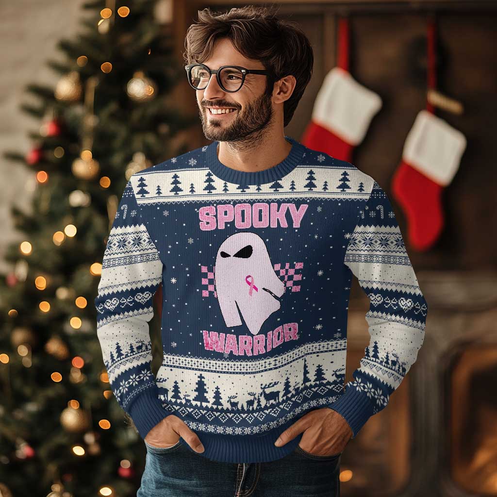 Breast Cancer Halloween Ugly Christmas Sweater Ghost Wear Pink Ribbon Spooky Warrior - Wonder Print Shop