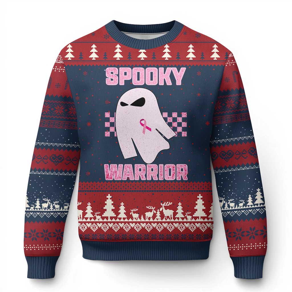 Breast Cancer Halloween Ugly Christmas Sweater Ghost Wear Pink Ribbon Spooky Warrior - Wonder Print Shop