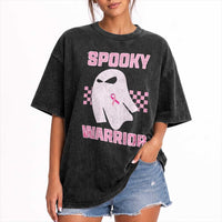 Breast Cancer Halloween Washed Cotton T-Shirt Ghost Wear Pink Ribbon Spooky Warrior