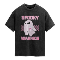 Breast Cancer Halloween Washed Cotton T-Shirt Ghost Wear Pink Ribbon Spooky Warrior