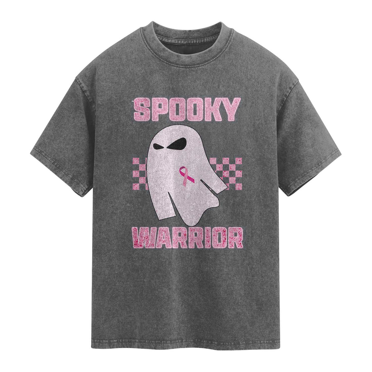 Breast Cancer Halloween Washed Cotton T-Shirt Ghost Wear Pink Ribbon Spooky Warrior