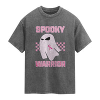 Breast Cancer Halloween Washed Cotton T-Shirt Ghost Wear Pink Ribbon Spooky Warrior