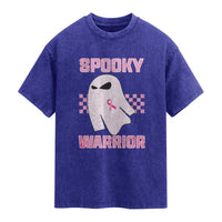 Breast Cancer Halloween Washed Cotton T-Shirt Ghost Wear Pink Ribbon Spooky Warrior