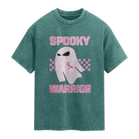 Breast Cancer Halloween Washed Cotton T-Shirt Ghost Wear Pink Ribbon Spooky Warrior