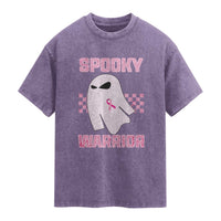 Breast Cancer Halloween Washed Cotton T-Shirt Ghost Wear Pink Ribbon Spooky Warrior