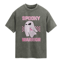 Breast Cancer Halloween Washed Cotton T-Shirt Ghost Wear Pink Ribbon Spooky Warrior