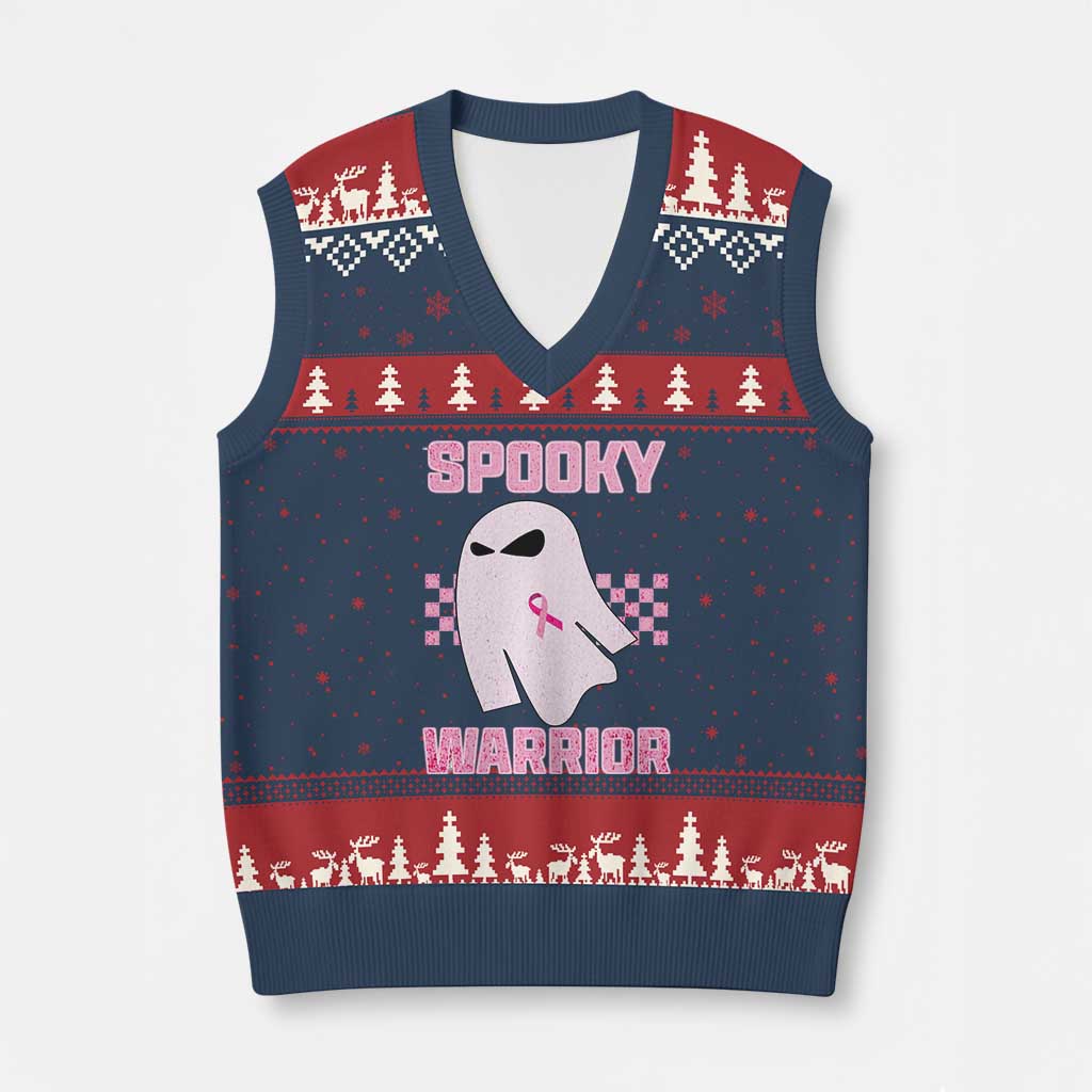 Breast Cancer Halloween V-Neck Knit Sweater Vest Ghost Wear Pink Ribbon Spooky Warrior - Wonder Print Shop