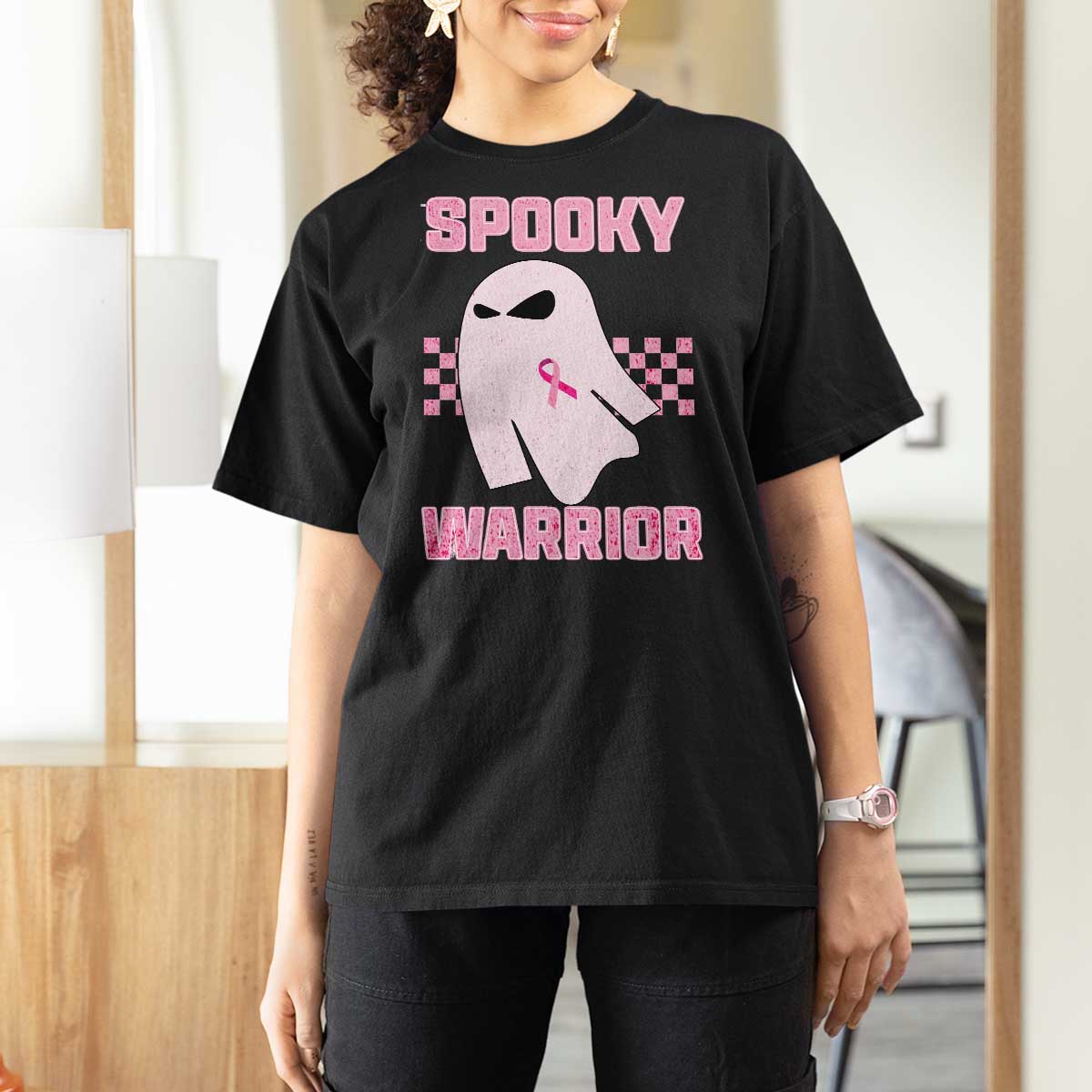 Breast Cancer Halloween T Shirt For Women Ghost Wear Pink Ribbon Spooky Warrior - Wonder Print Shop