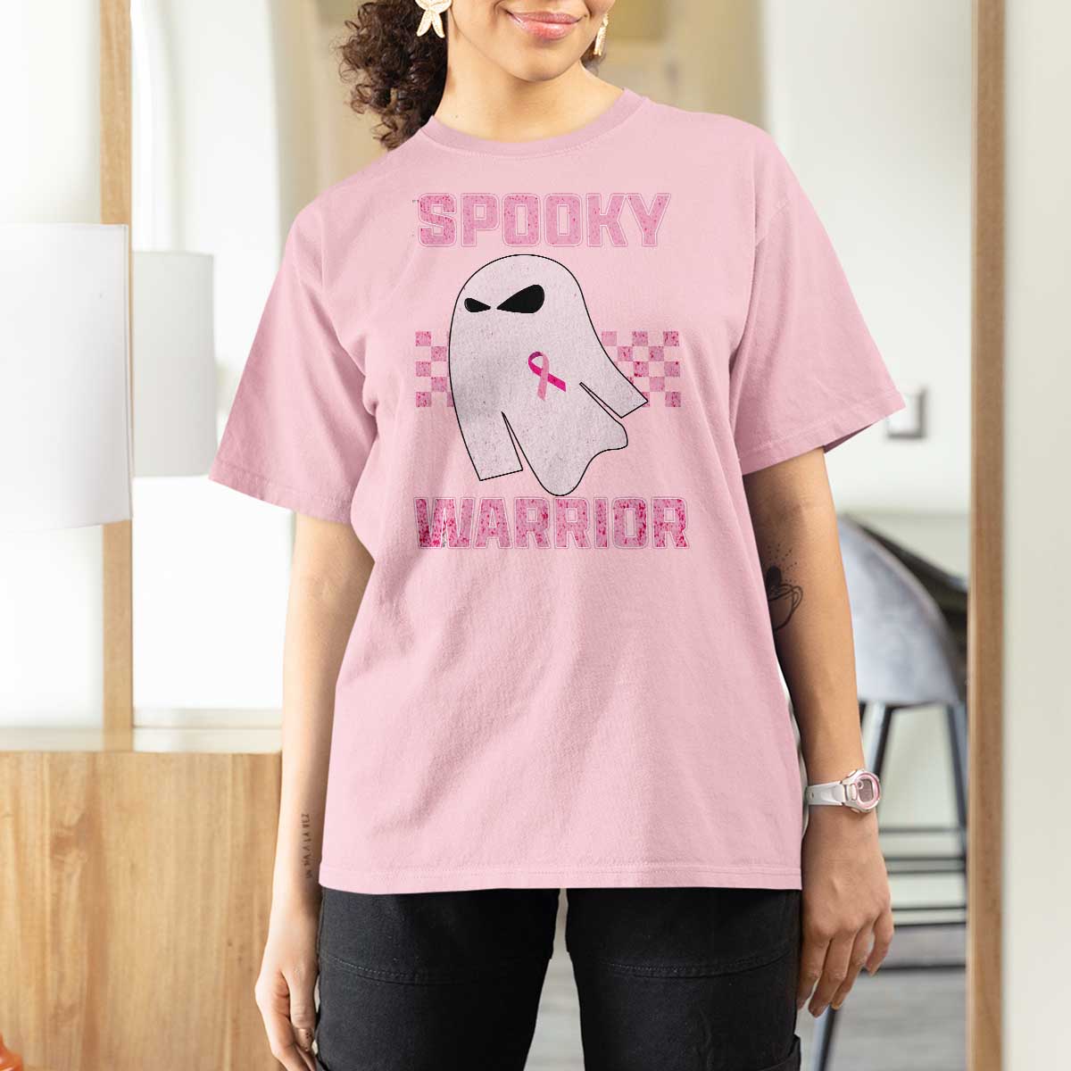 Breast Cancer Halloween T Shirt For Women Ghost Wear Pink Ribbon Spooky Warrior - Wonder Print Shop