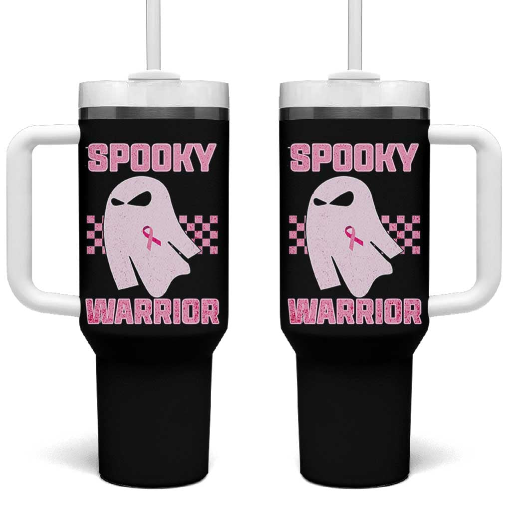 Breast Cancer Halloween Tumbler With Handle Ghost Wear Pink Ribbon Spooky Warrior - Wonder Print Shop