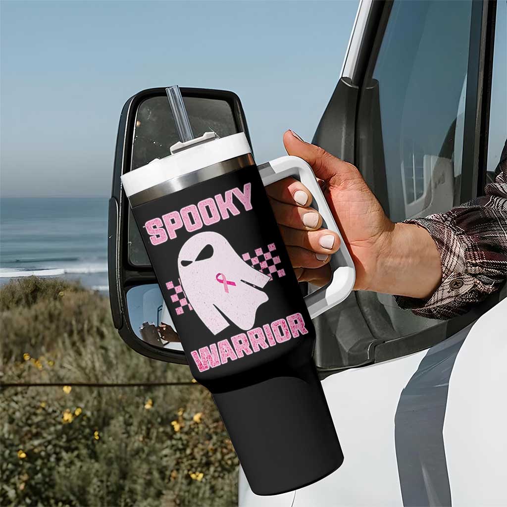 Breast Cancer Halloween Tumbler With Handle Ghost Wear Pink Ribbon Spooky Warrior - Wonder Print Shop