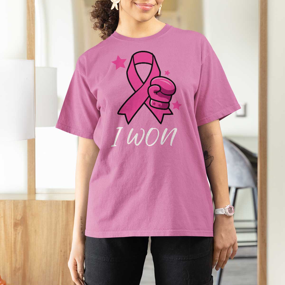 Pink Ribbon T Shirt For Women I Won Breast Cancer Awareness - Wonder Print Shop