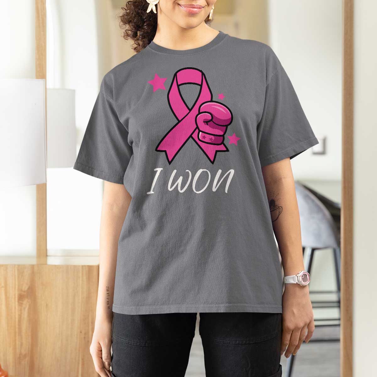 Pink Ribbon T Shirt For Women I Won Breast Cancer Awareness - Wonder Print Shop