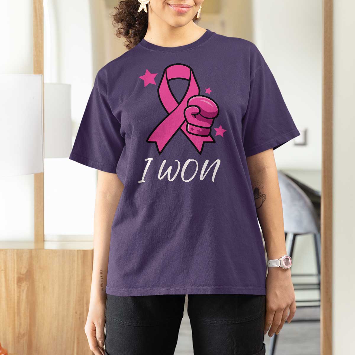 Pink Ribbon T Shirt For Women I Won Breast Cancer Awareness - Wonder Print Shop