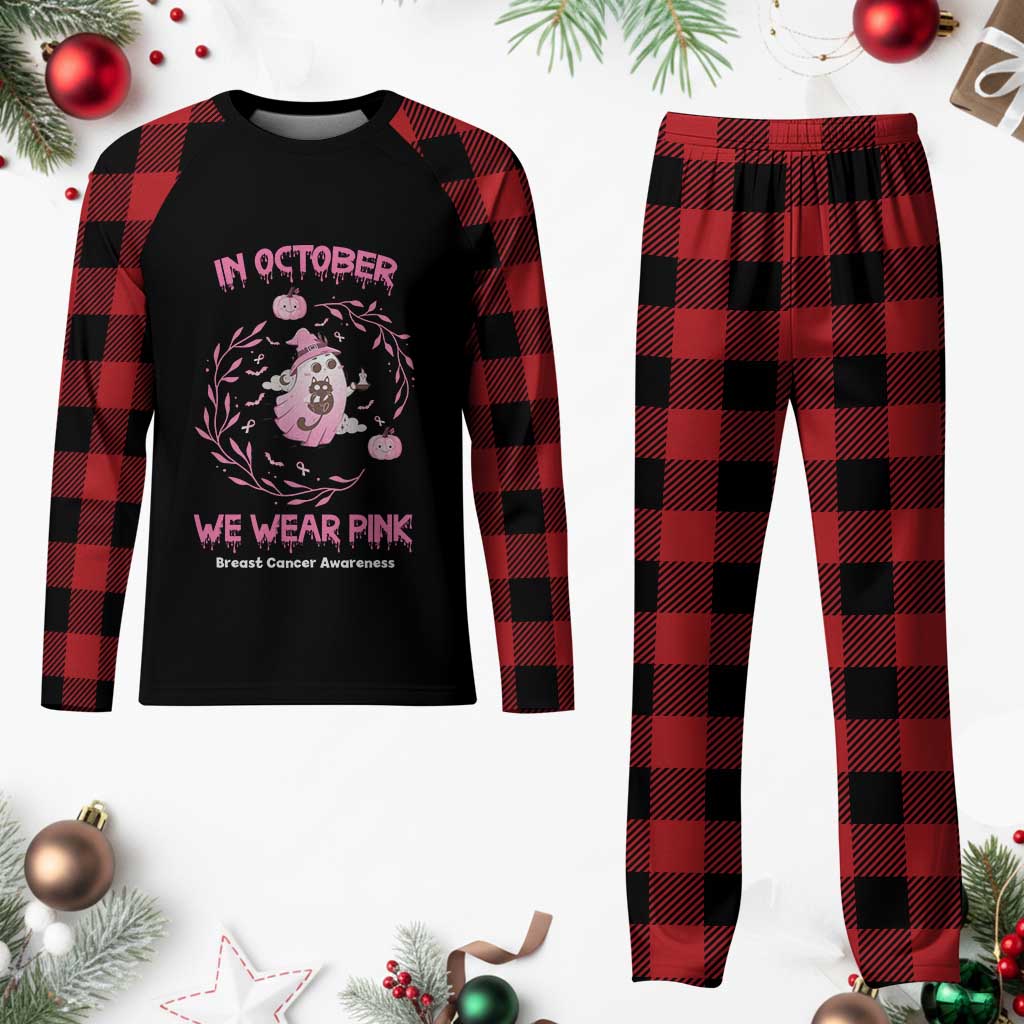 Breast Cancer Halloween Plaid Pajama Set In October Ghost Wear Pink Black Cat - Wonder Print Shop
