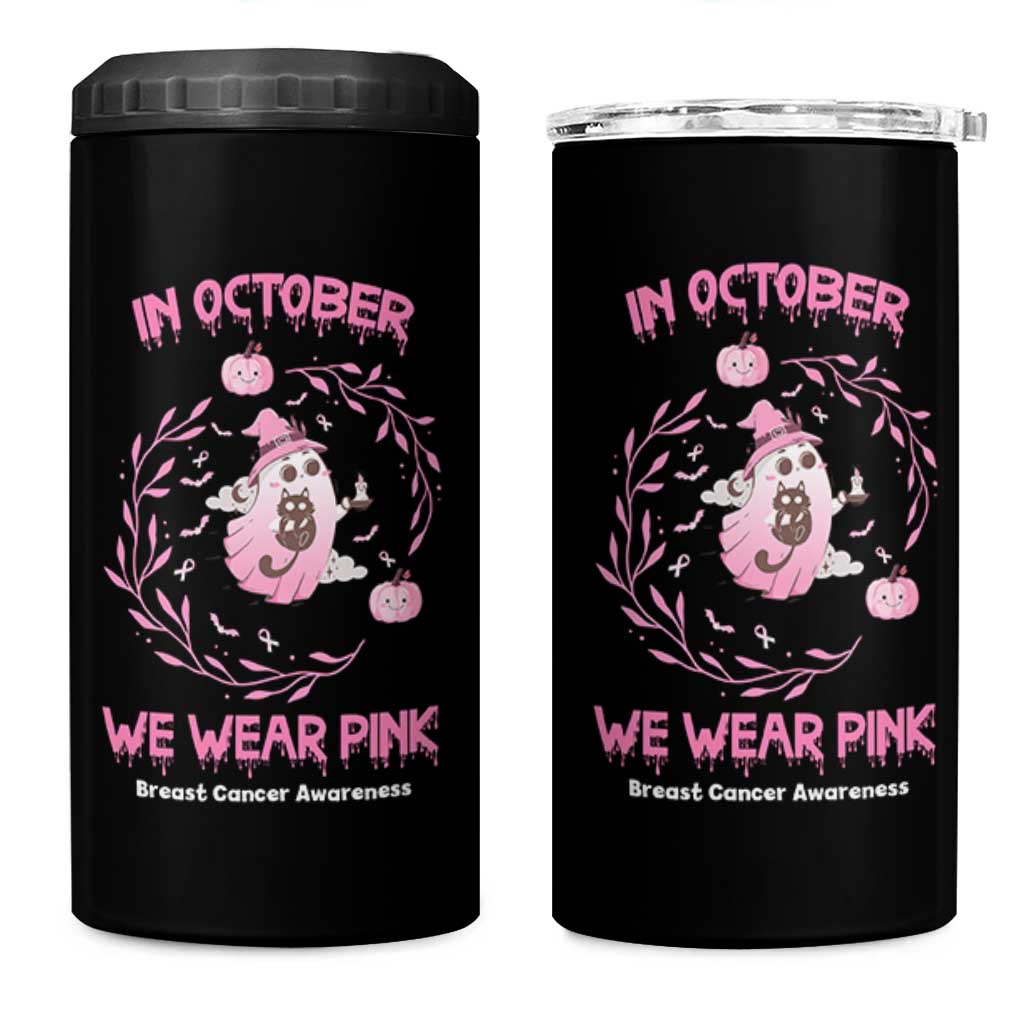 Breast Cancer Halloween 4 in 1 Can Cooler Tumbler In October Ghost Wear Pink Black Cat - Wonder Print Shop