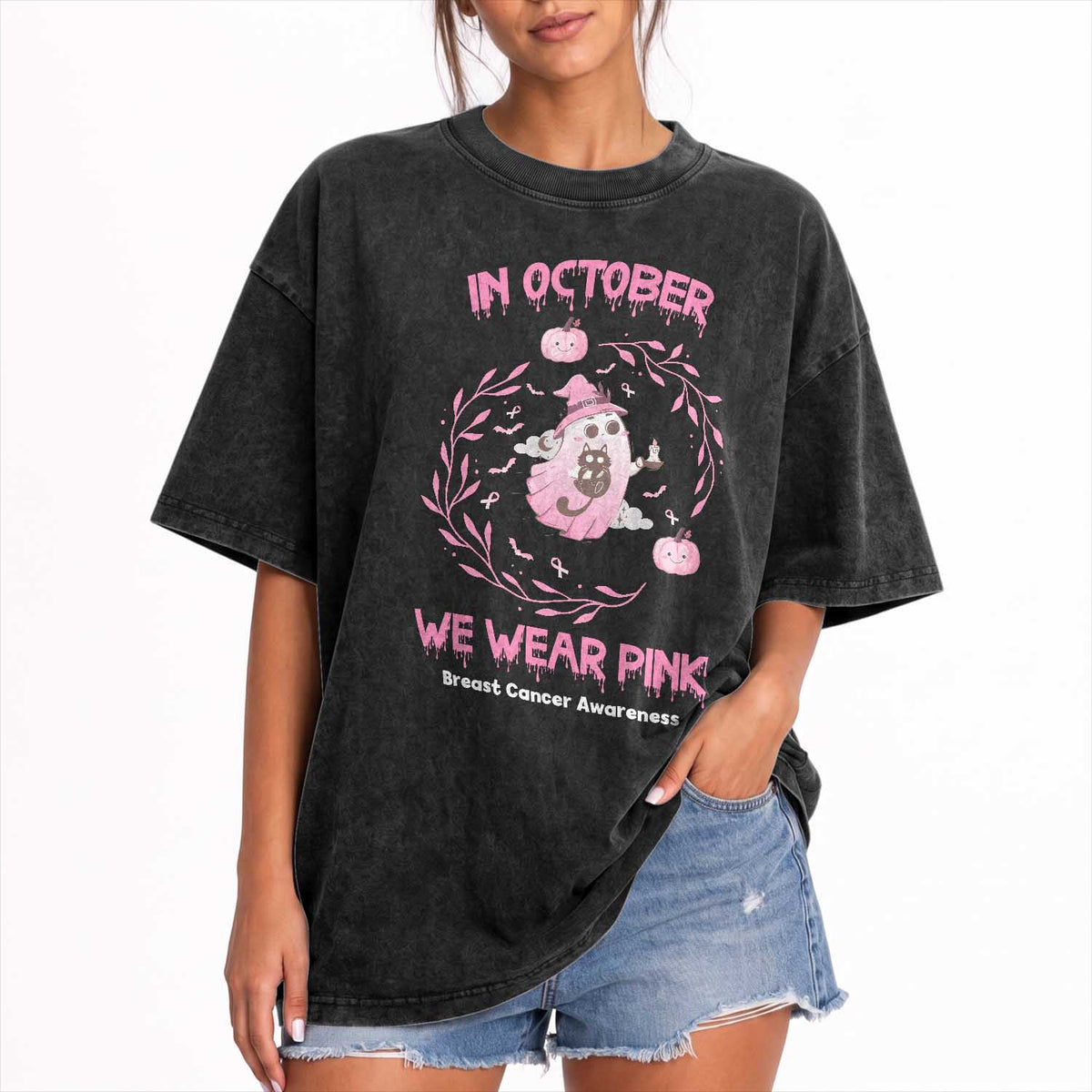 Breast Cancer Halloween Washed Cotton T-Shirt In October Ghost Wear Pink Black Cat