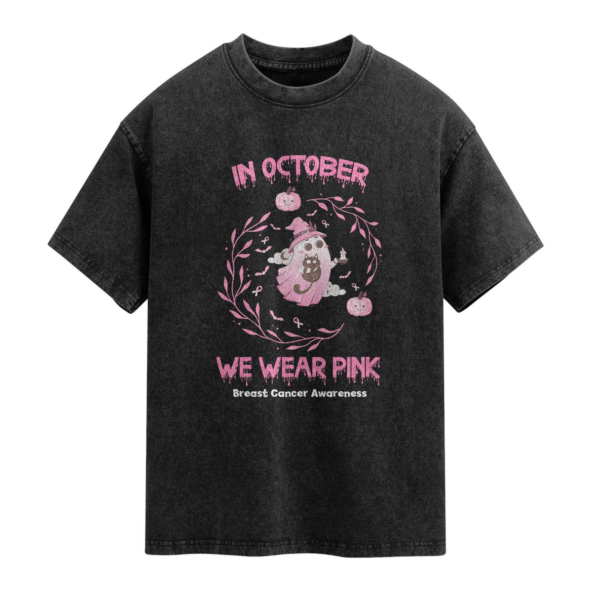 Breast Cancer Halloween Washed Cotton T-Shirt In October Ghost Wear Pink Black Cat