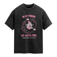 Breast Cancer Halloween Washed Cotton T-Shirt In October Ghost Wear Pink Black Cat