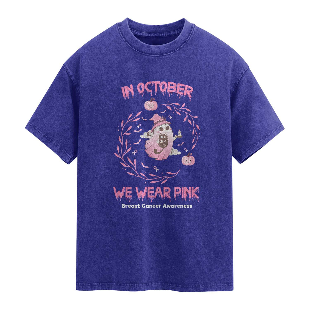 Breast Cancer Halloween Washed Cotton T-Shirt In October Ghost Wear Pink Black Cat