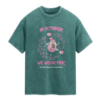 Breast Cancer Halloween Washed Cotton T-Shirt In October Ghost Wear Pink Black Cat