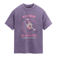 Breast Cancer Halloween Washed Cotton T-Shirt In October Ghost Wear Pink Black Cat