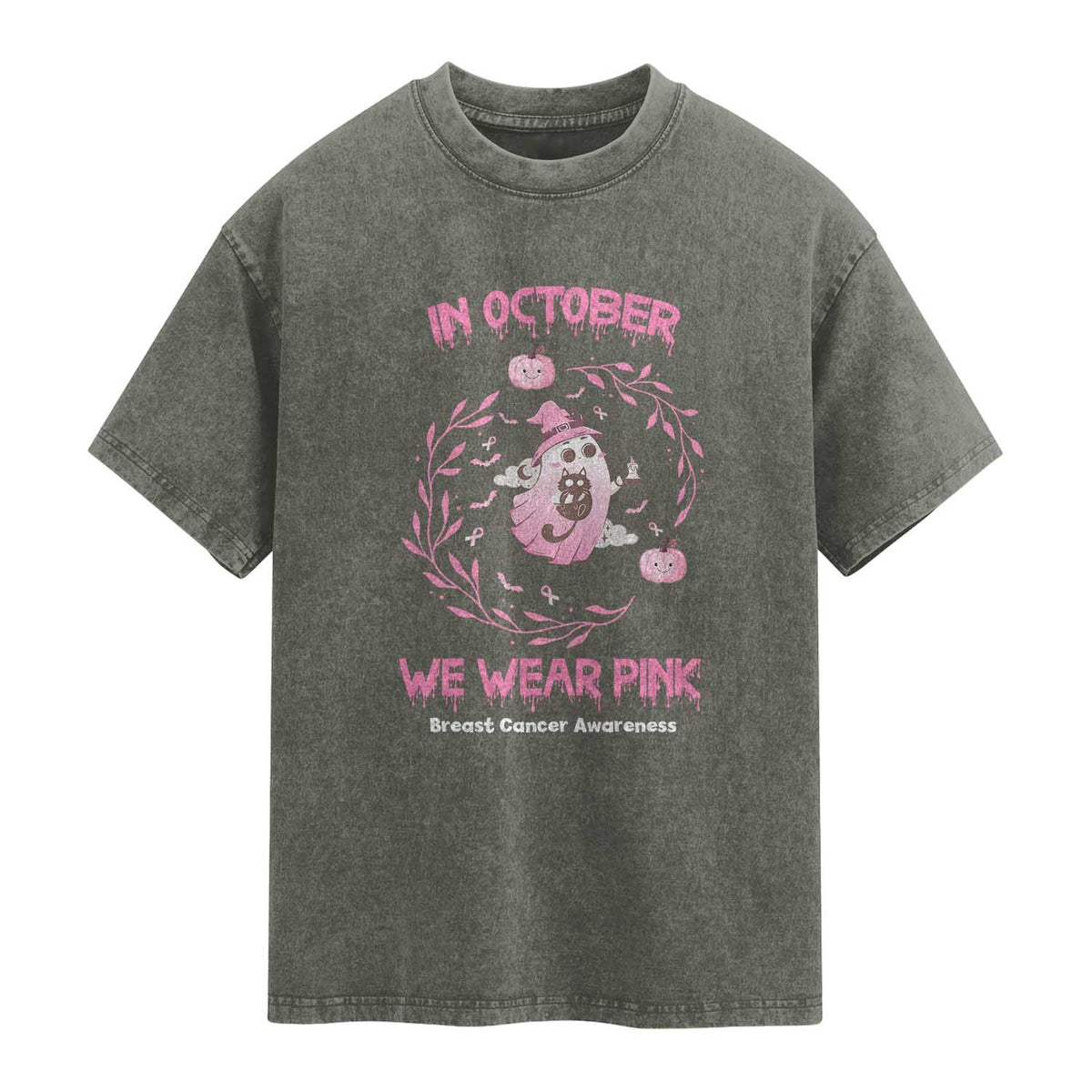 Breast Cancer Halloween Washed Cotton T-Shirt In October Ghost Wear Pink Black Cat