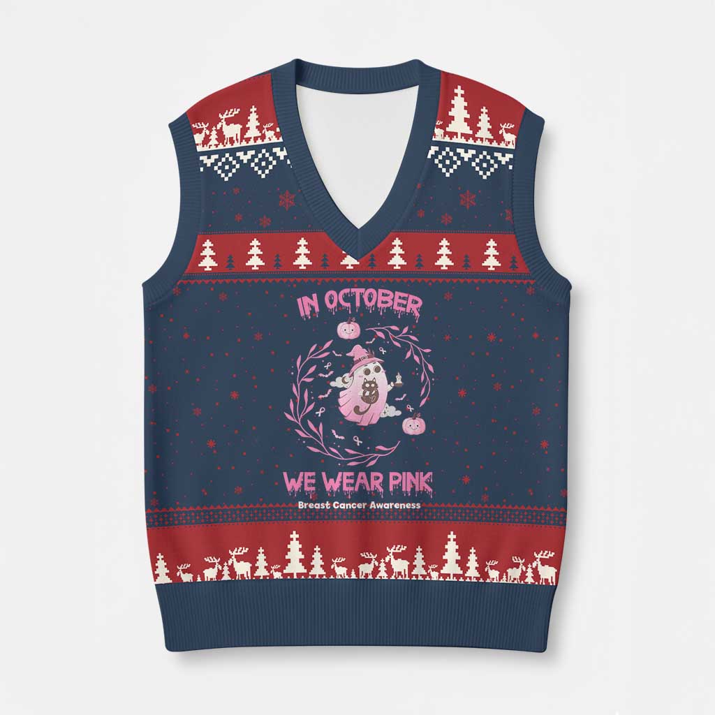 Breast Cancer Halloween V-Neck Knit Sweater Vest In October Ghost Wear Pink Black Cat - Wonder Print Shop