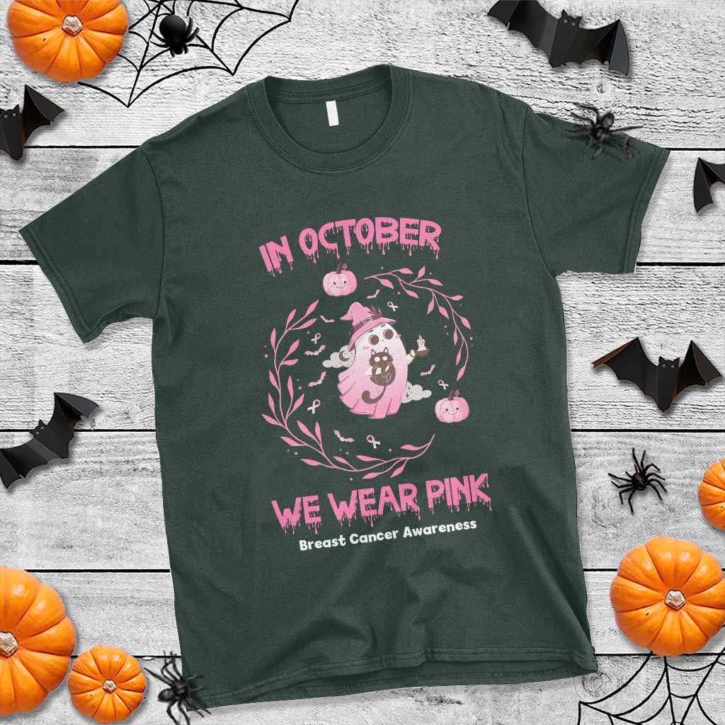 Breast Cancer Halloween T Shirt In October Ghost Wear Pink Black Cat - Wonder Print Shop