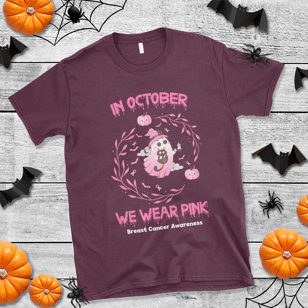 Breast Cancer Halloween T Shirt In October Ghost Wear Pink Black Cat - Wonder Print Shop